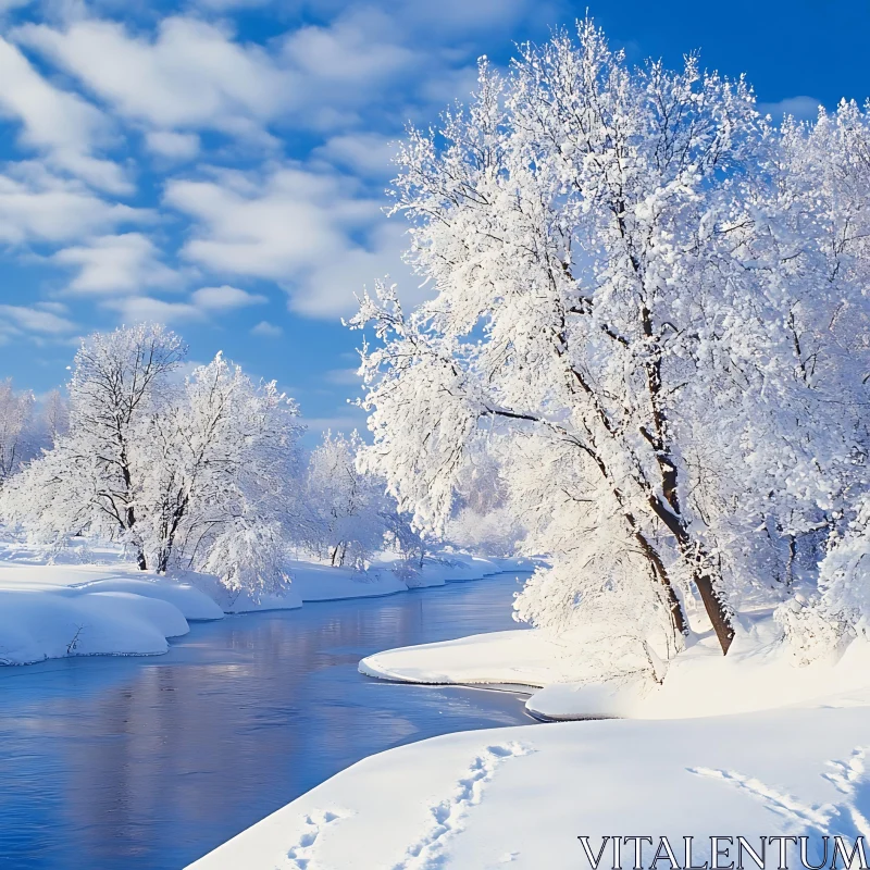 Idyllic Winter Wonderland by the River AI Image