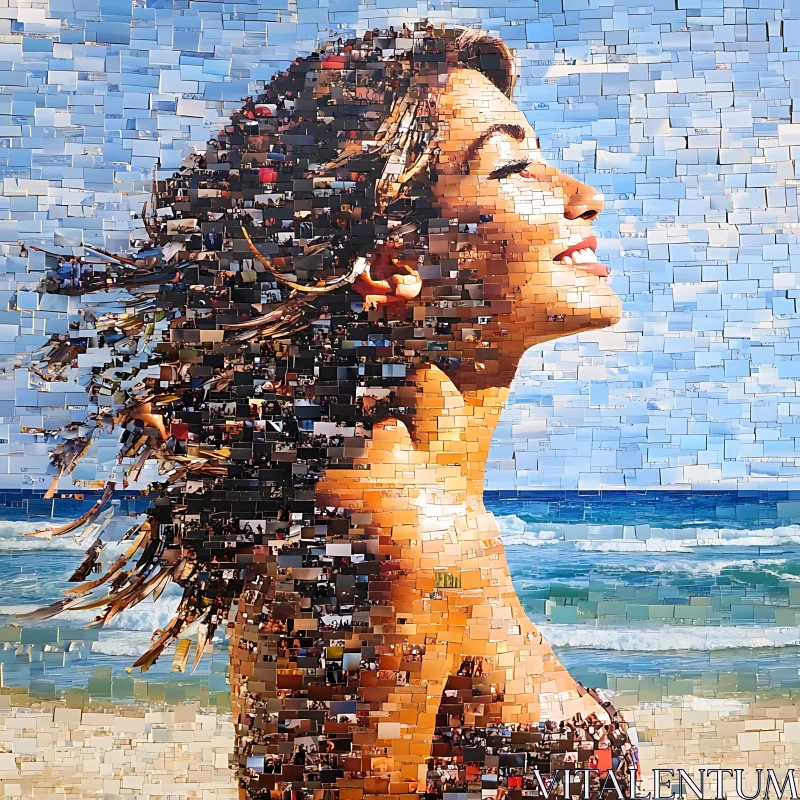 Beachside Mosaic of Woman's Profile AI Image