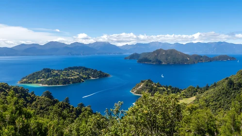 Panoramic View of Forested Islands in Clear Blue Sea