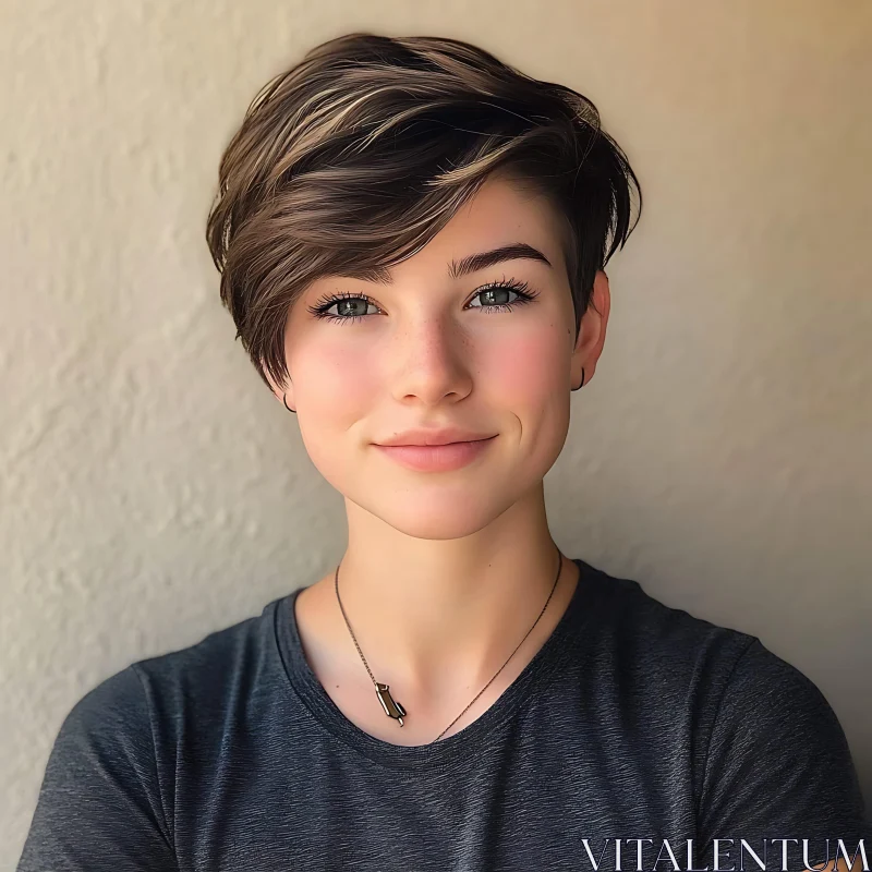 Portrait of a Smiling Young Woman with Chic Short Hair AI Image