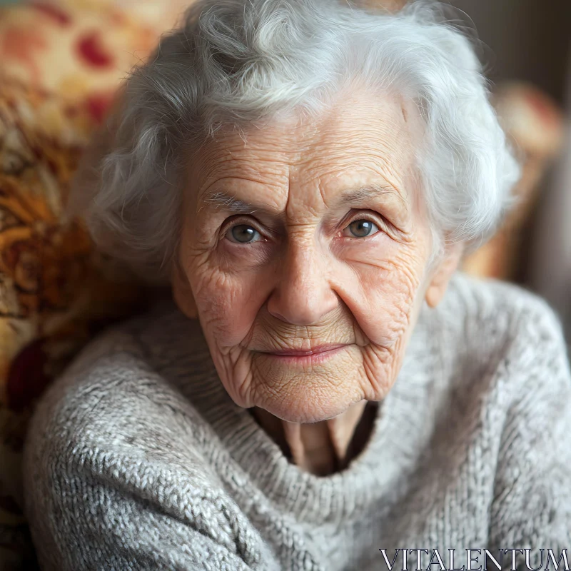 Elderly Lady with Grey Hair and Wrinkles in a Cozy Setting AI Image