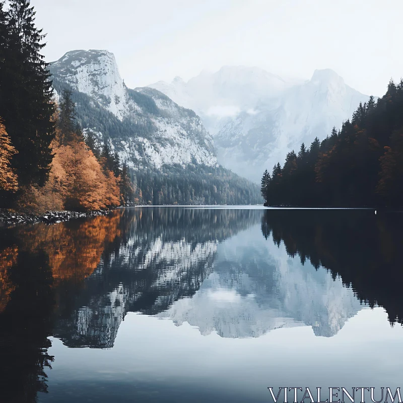 Tranquil Mountain Lake with Forest Reflections AI Image