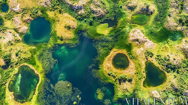 Aerial Panorama of Wetlands and Ponds AI Image