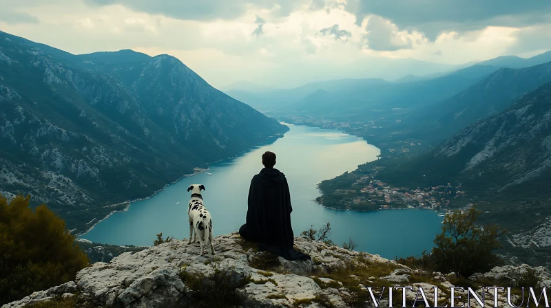 Man and Dog Watching Serene Valley and River AI Image