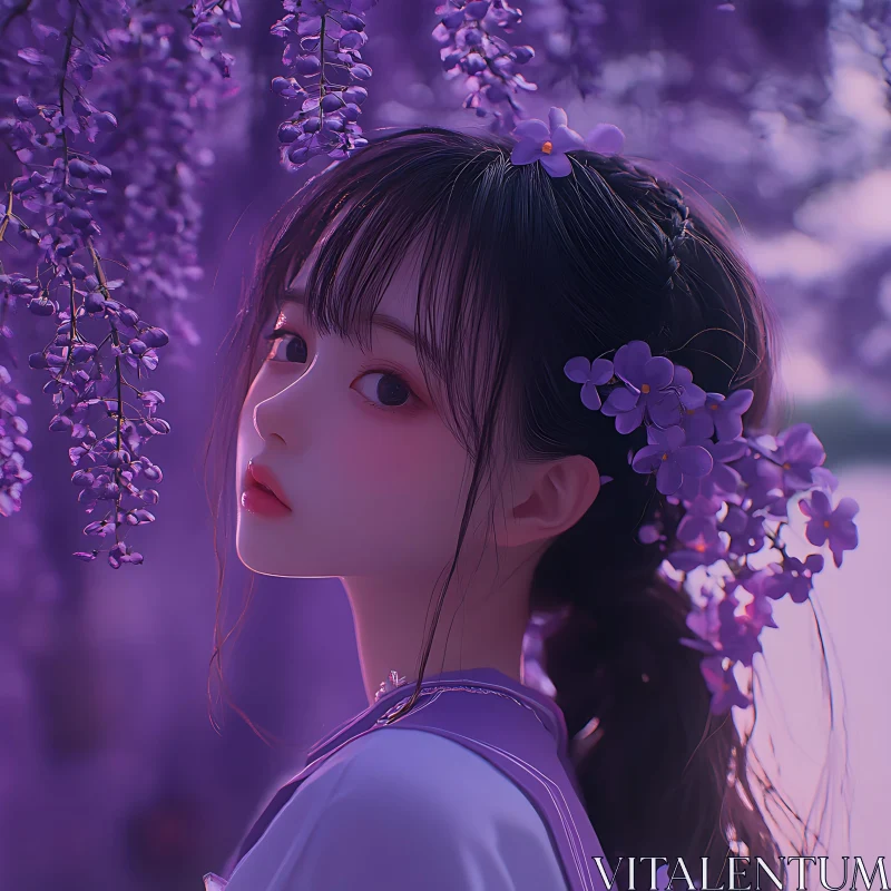 Serene Beauty Amidst Purple Blossoms AI Image