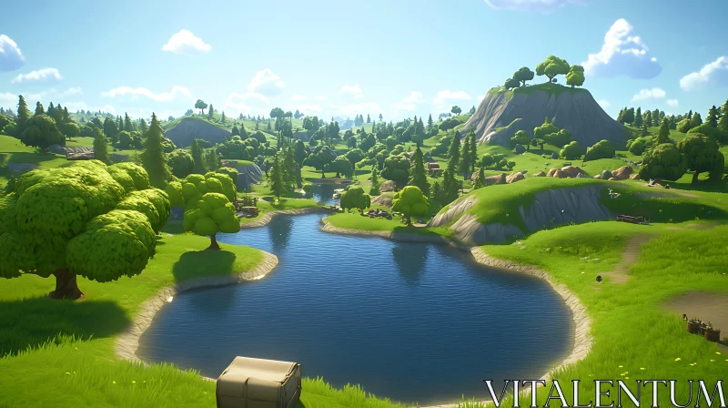 Tranquil Lake amidst Verdant Hills and Trees AI Image