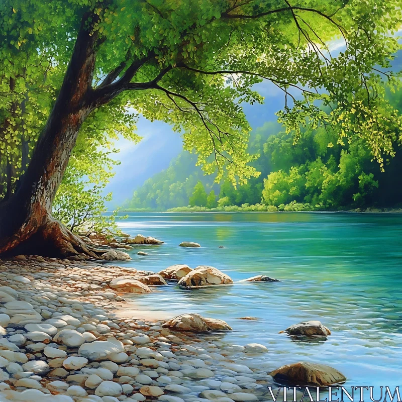 Serene River with Green Canopy AI Image