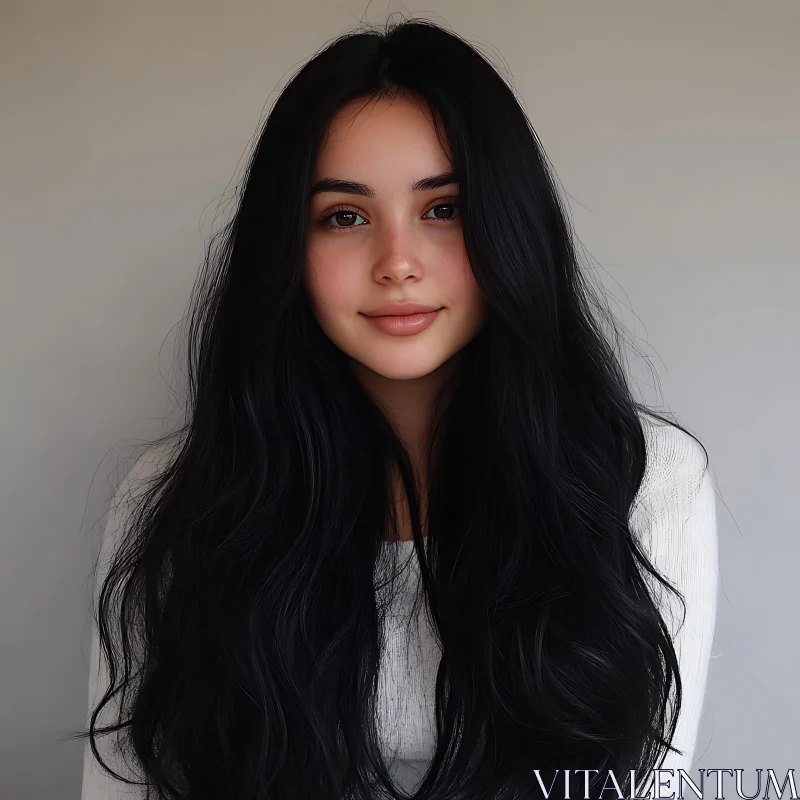 Serene Young Woman with Long Hair in White Shirt AI Image