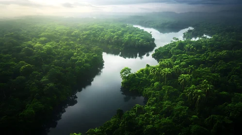 Misty River and Lush Forest Landscape