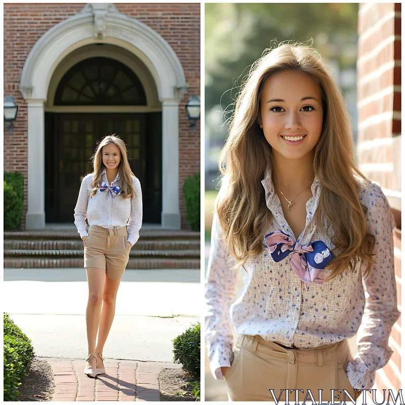 Smiling Young Woman in Fashionable Attire AI Image