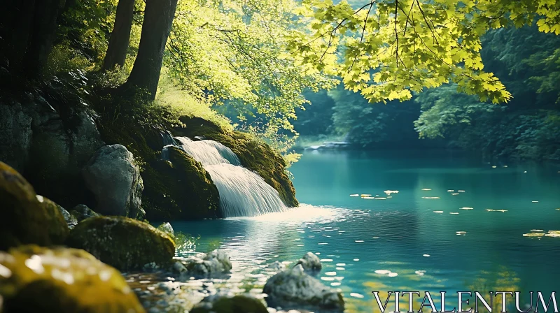 AI ART Calm Waterfall and Lake in Lush Greenery