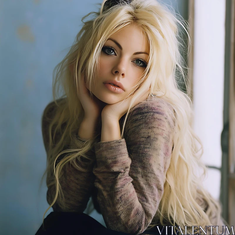 Serene Portrait of a Young Blonde Woman AI Image