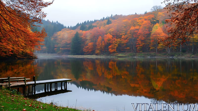 AI ART Tranquil Autumn Lake with Dock and Reflections