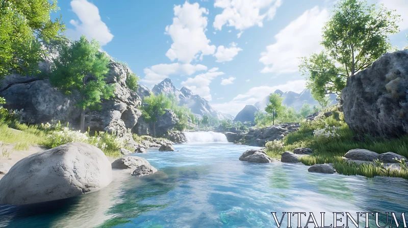 Peaceful River with Rocky Banks and Mountain Views AI Image