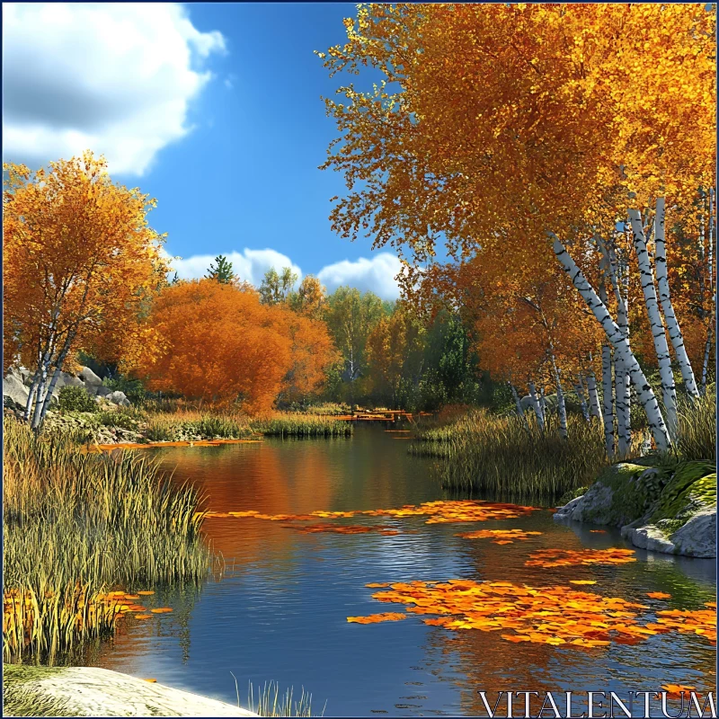 Golden Autumn River Scene with Birch Trees and Blue Sky AI Image