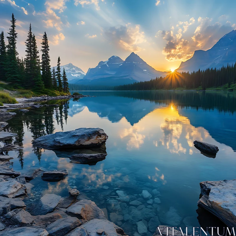 Sunset Over Reflective Mountain Lake AI Image