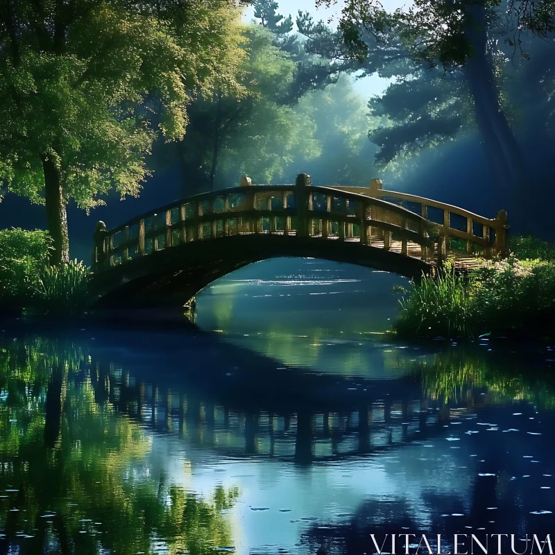AI ART Tranquil Wooden Bridge Reflected in a Forest Lake