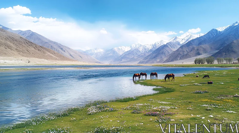 Tranquil Lakeside with Horses and Snow-Capped Peaks Tranquil Lakeside with Horses and Snow-Capped Peaks