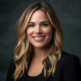 Smiling Blonde Woman in Black Blazer