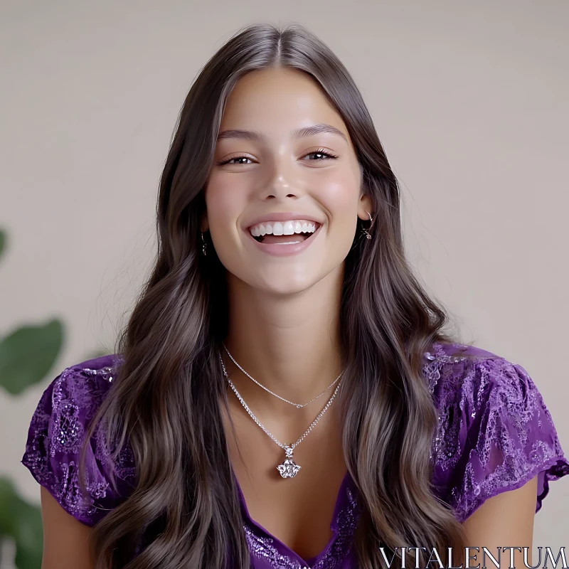 Joyful Woman with Long Dark Hair in a Purple Dress Joyful Woman with Long Dark Hair in a Purple Dress