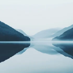 Tranquil Misty Lake and Forested Mountains