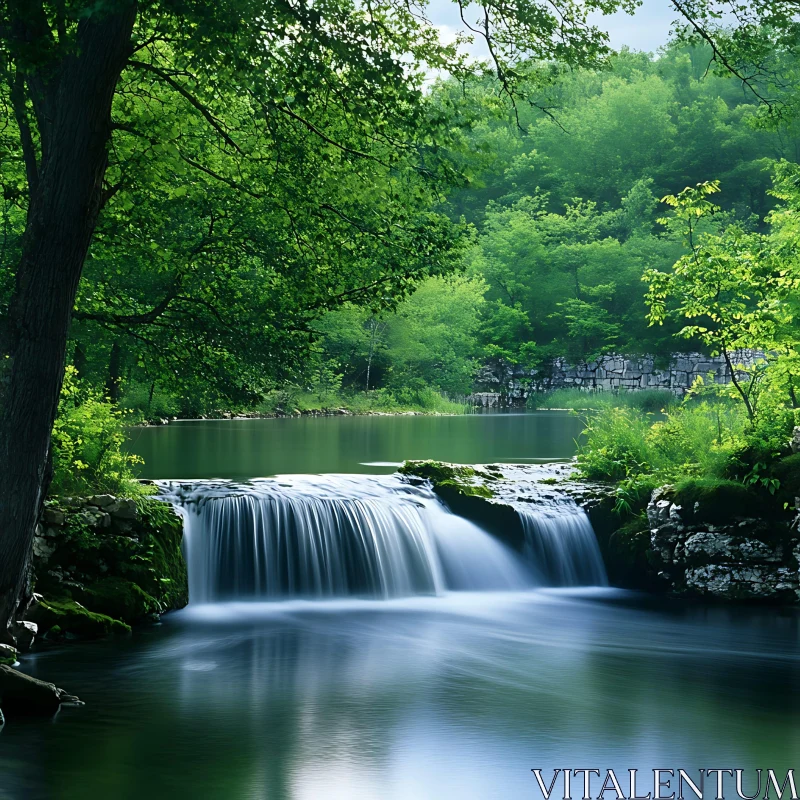 Tranquil Waterfall in Verdant Woods AI Image