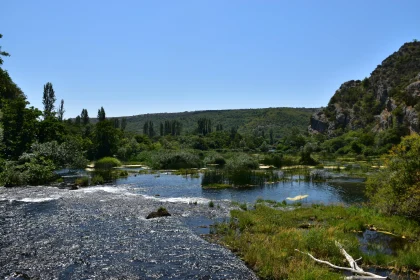 Serene Nature Scene with River and Green Hills