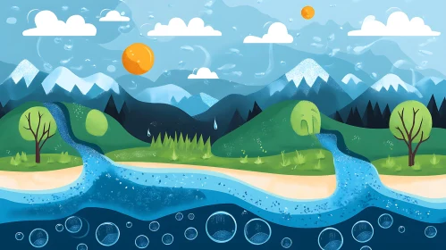 Peaceful Nature Scene with Mountains, River, and Sun