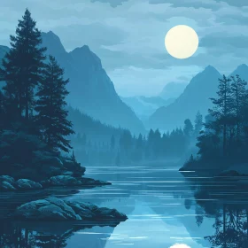 Peaceful Lake Under Full Moon with Mountains