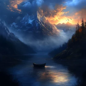 Peaceful Mountain Sunset Scene with Canoe on Lake