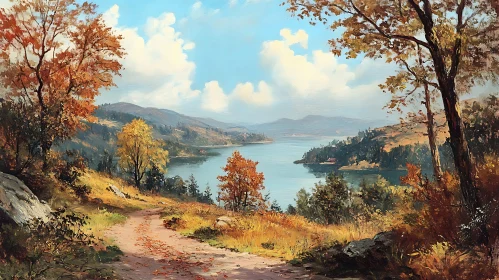 Autumnal Pathway Leading to a Tranquil Lake