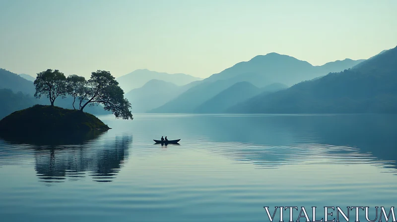 Tranquil Lake with Island Trees and Boat AI Image