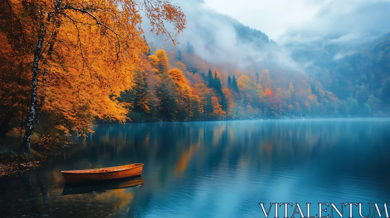 Tranquil Misty Lake in Autumn with Wooden Boat Tranquil Misty Lake in Autumn with Wooden Boat