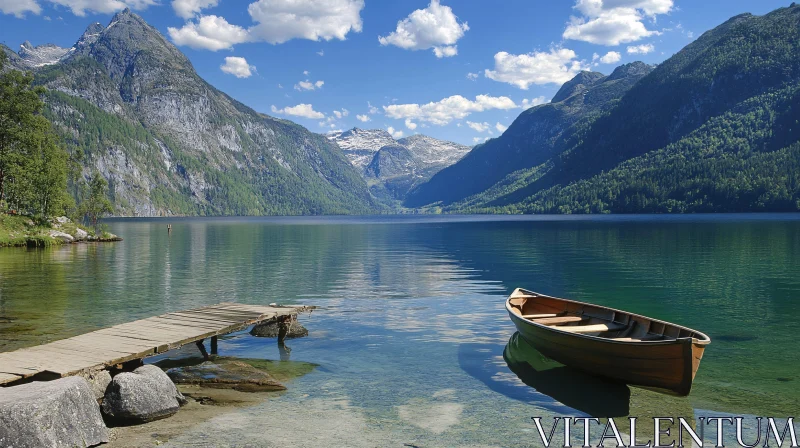 AI ART Scenic Lake with Boat and Mountain View