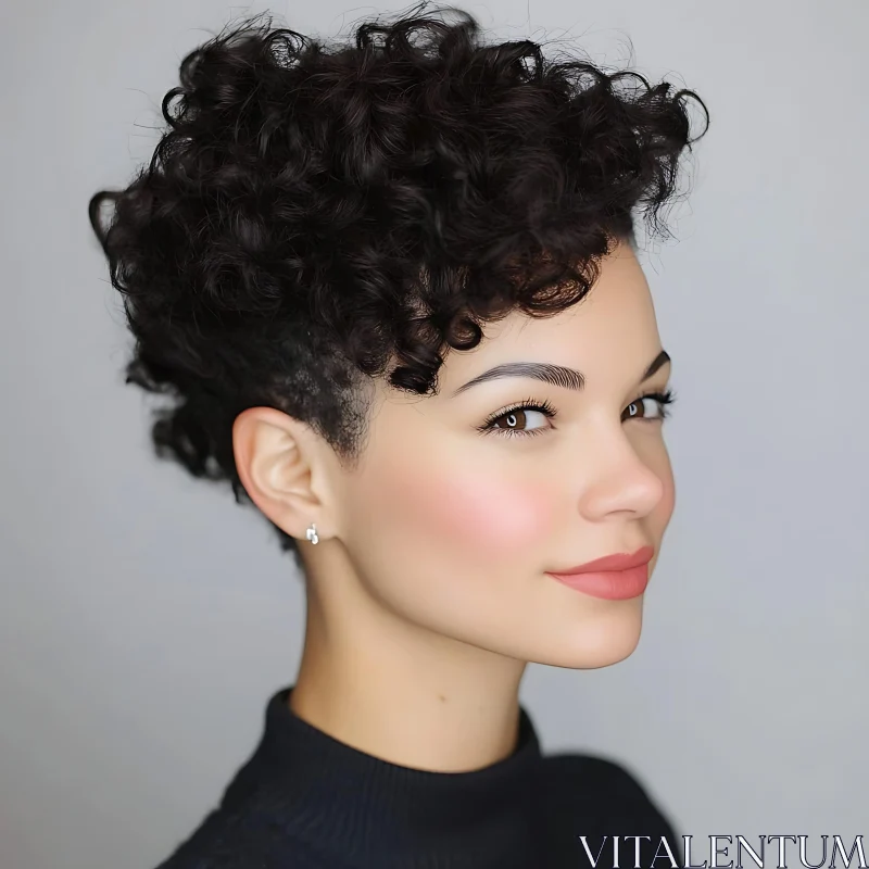 Close-Up of a Woman with Short Curly Hair AI Image