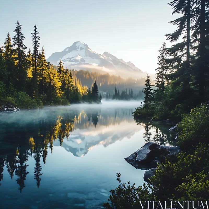 Serene Morning at a Mountain Lake AI Image