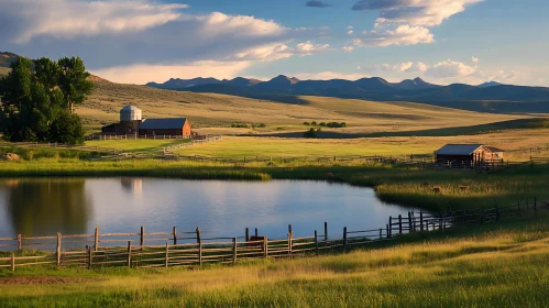 Serene Farm Setting with Water and Hills