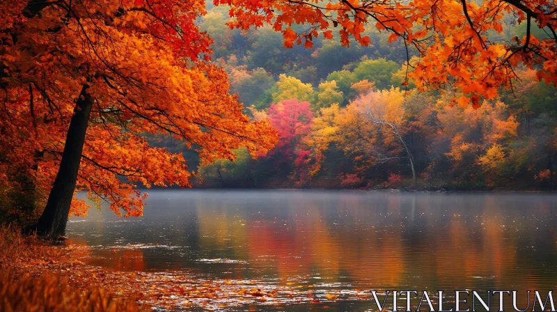 Tranquil Fall Scene with Colorful Trees and Lake AI Image