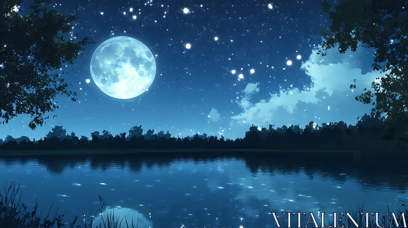 Serene Night Sky with Full Moon Reflection AI Image