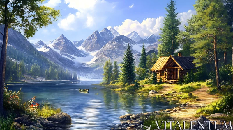 Rustic Cabin by the Lake with Mountain View AI Image