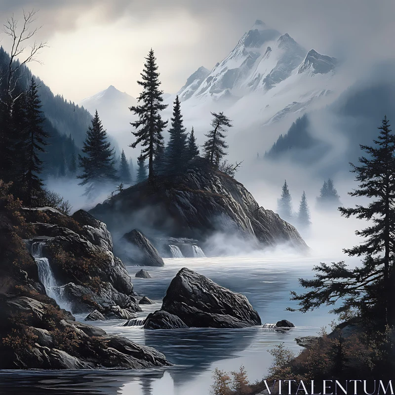 Ethereal Mountain Landscape with Misty Waters AI Image