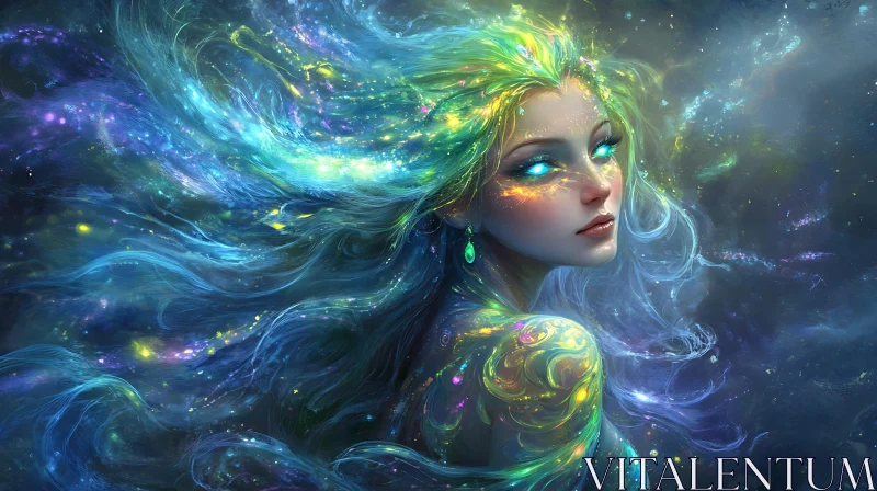 Mystical Woman with Luminous Galactic Hair AI Image