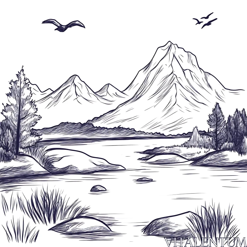 AI ART Peaceful Mountain and Lake Sketch