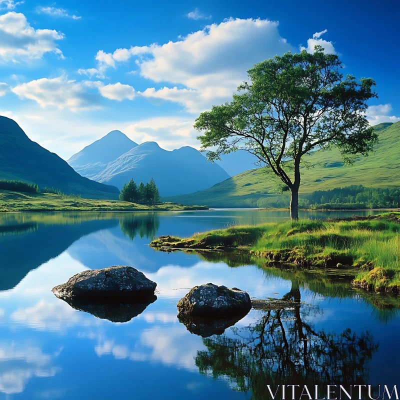 Peaceful Lakeside Landscape with Tree and Mountains AI Image