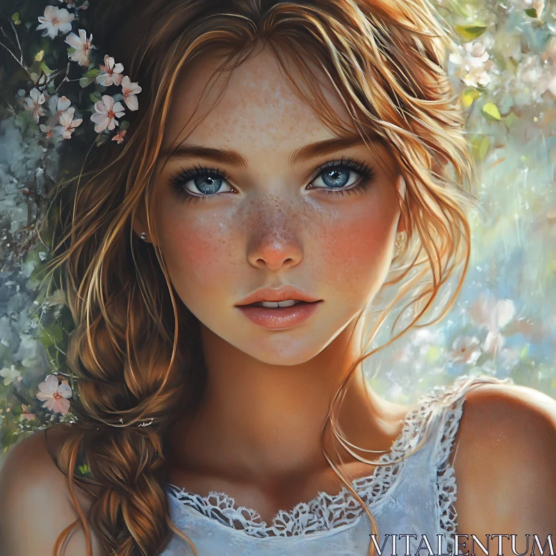 Freckled Beauty with Blossoms AI Image