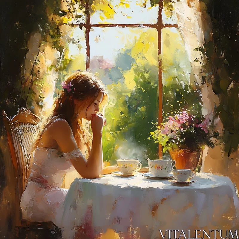 Sunlit Morning Reflection: Woman with Tea AI Image