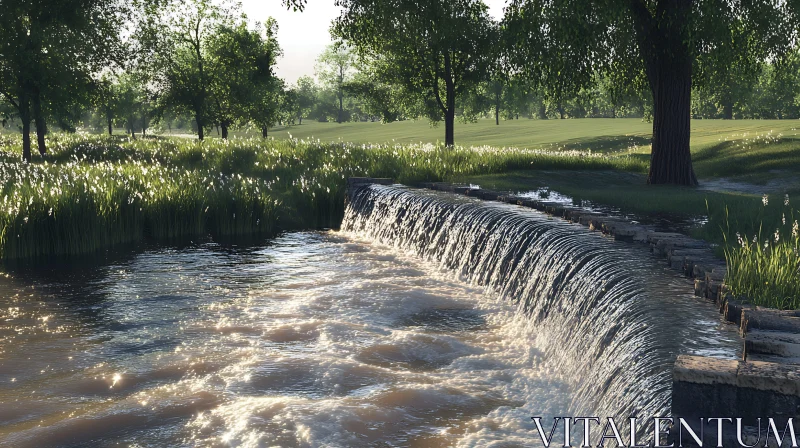 Peaceful Waterfall in Lush Greenery AI Image