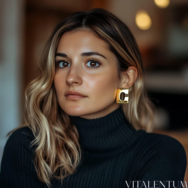 Stylish Blonde Woman Wearing Turtleneck and Earrings AI Image