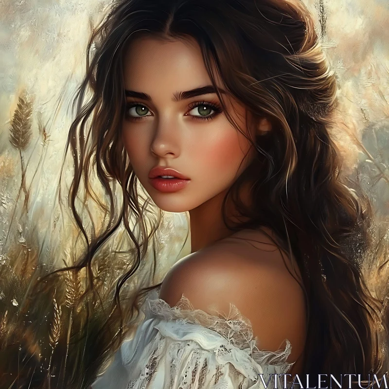 Elegant Woman with Wavy Hair in a Dreamy Meadow AI Image