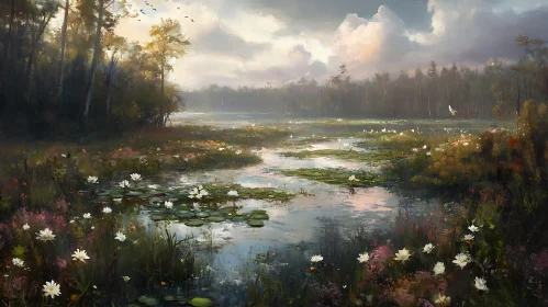 Serene Swamp Landscape with Water Lilies